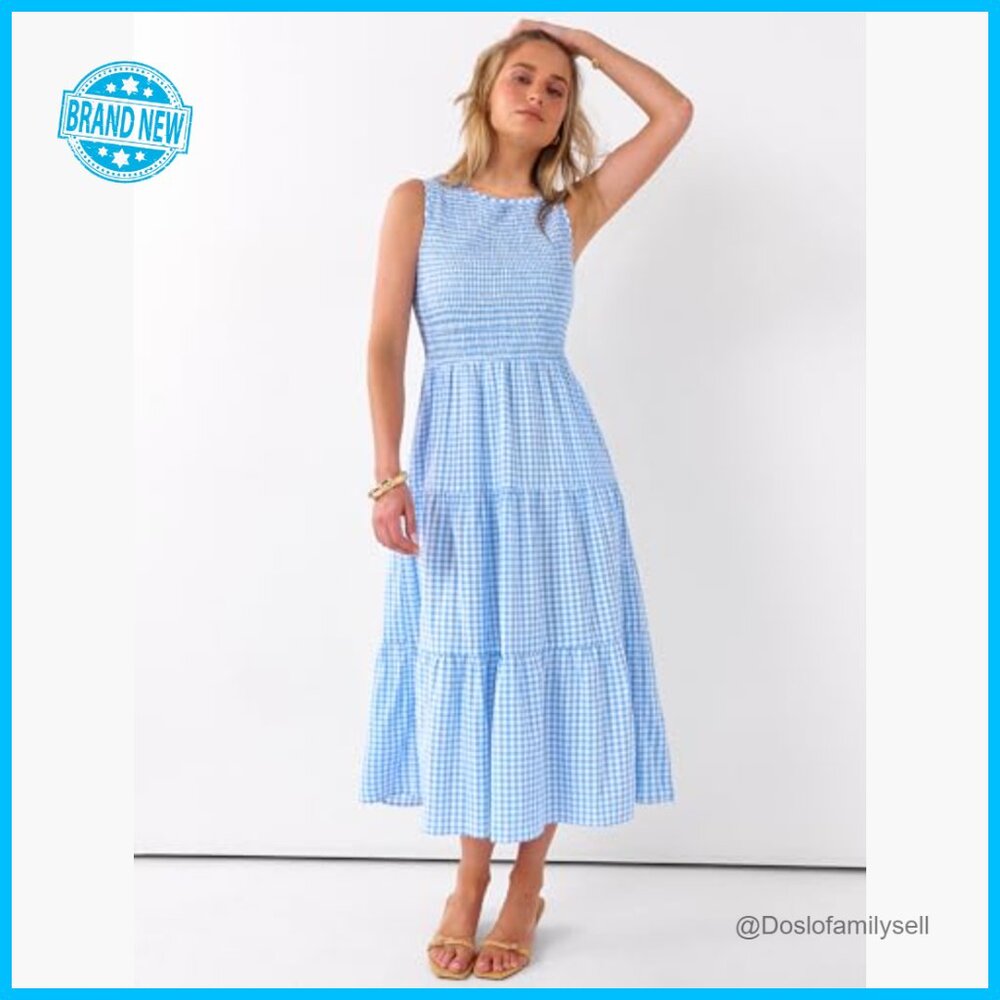 Sleeveless Crewneck Maxi Dress Smocked Tiered Boho Casual Beach Sundress - Picture 3 of 7